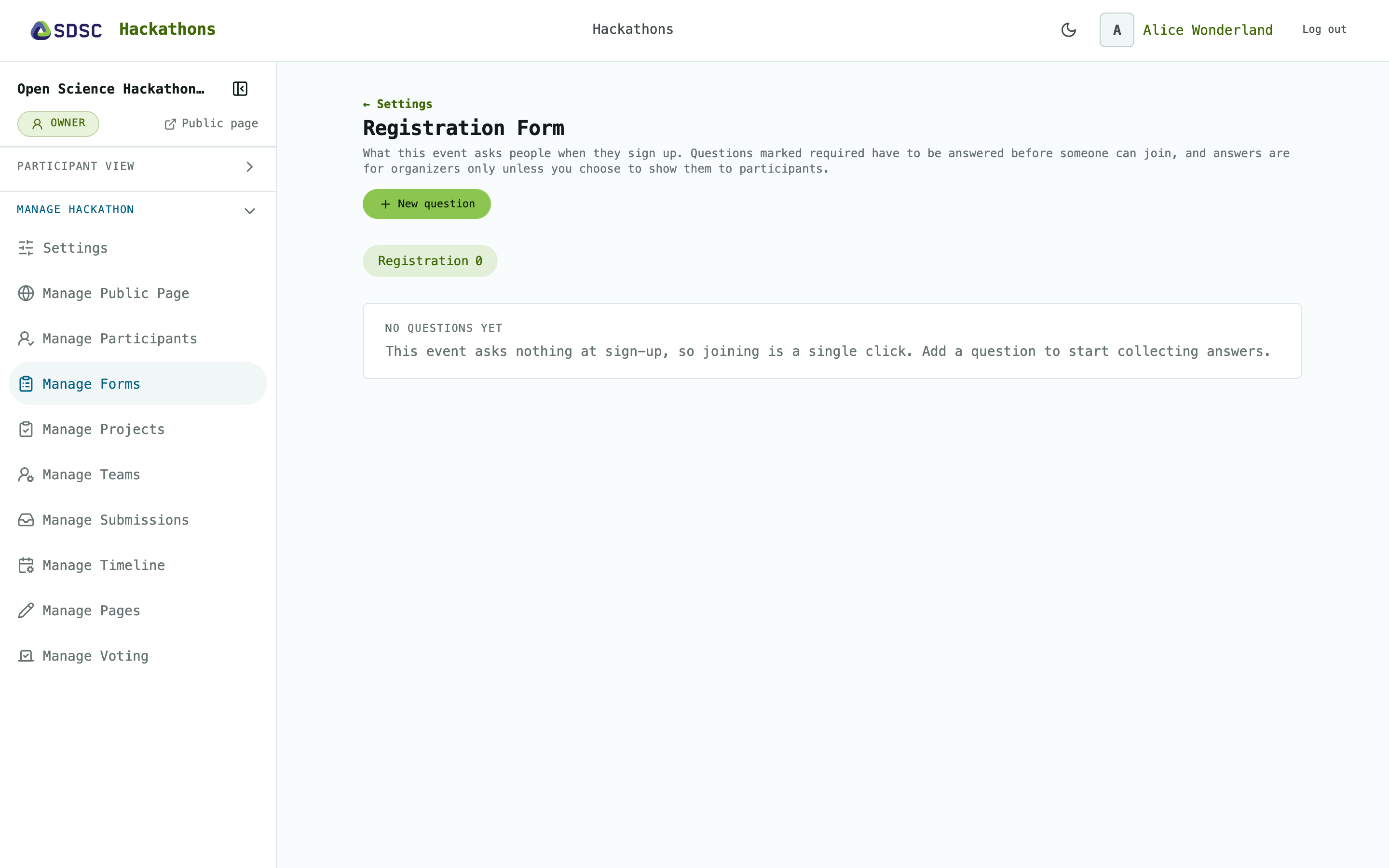 The Manage Forms page of a hackathon, as its owner sees it
