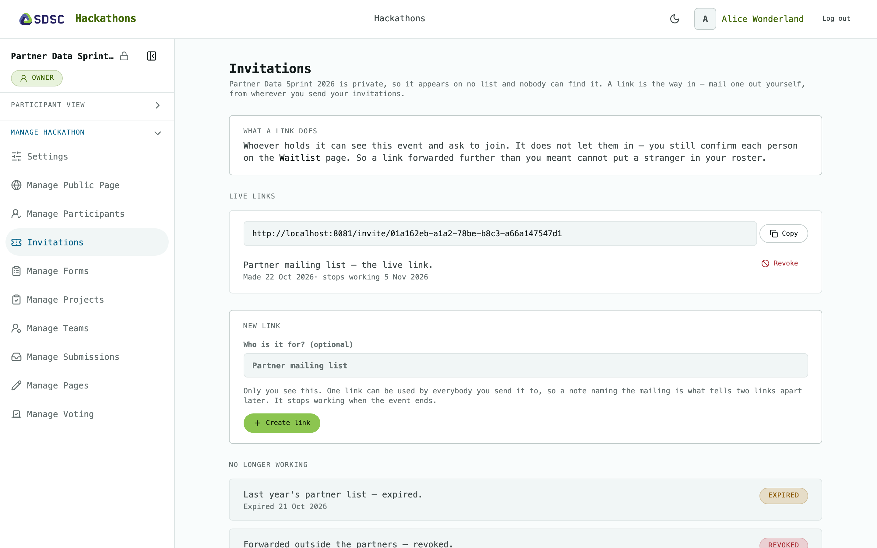 The Invitations page of a hackathon, as its owner sees it