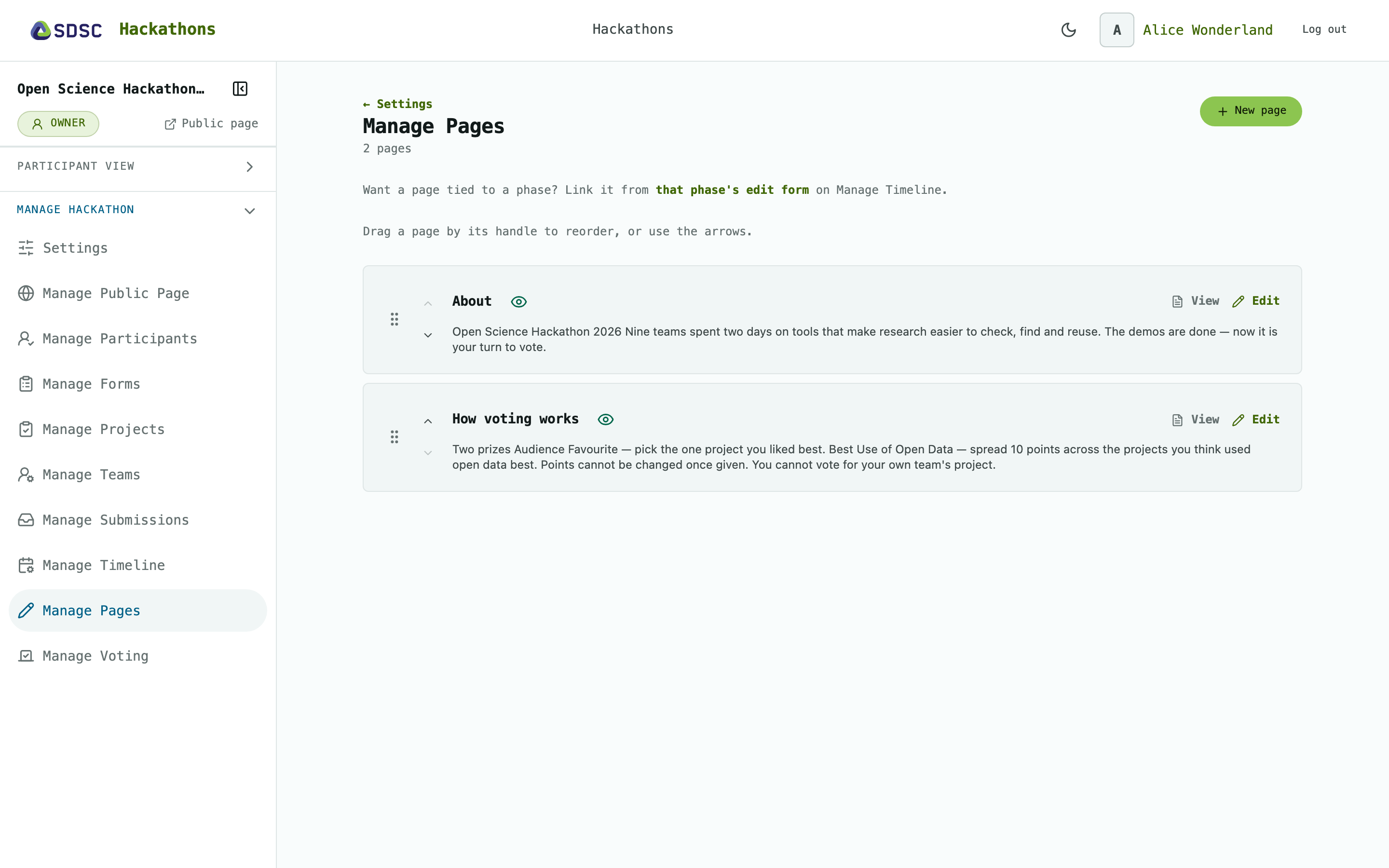 The Manage Pages page of a hackathon, as its owner sees it