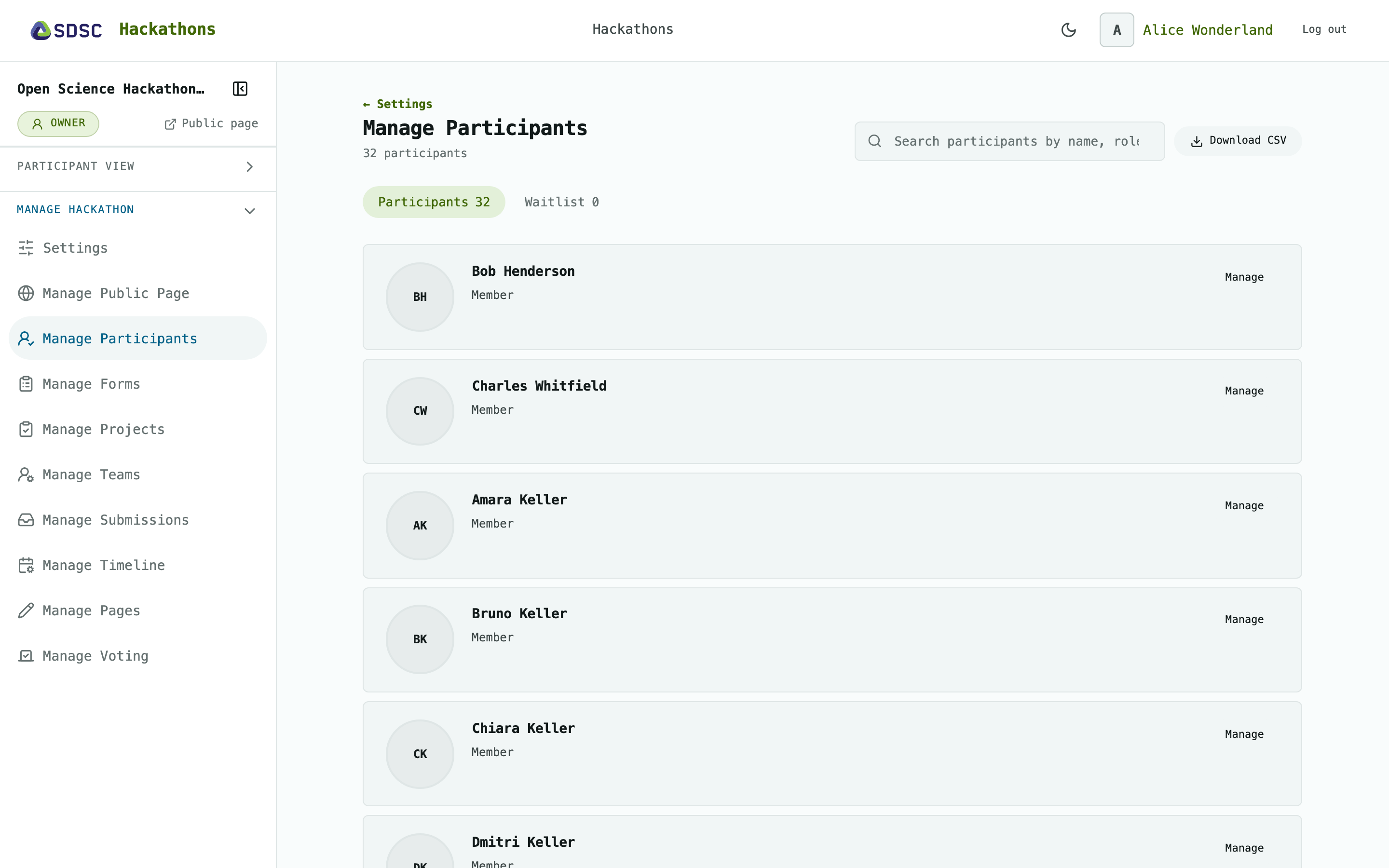 The Manage Participants page of a hackathon, as its owner sees it
