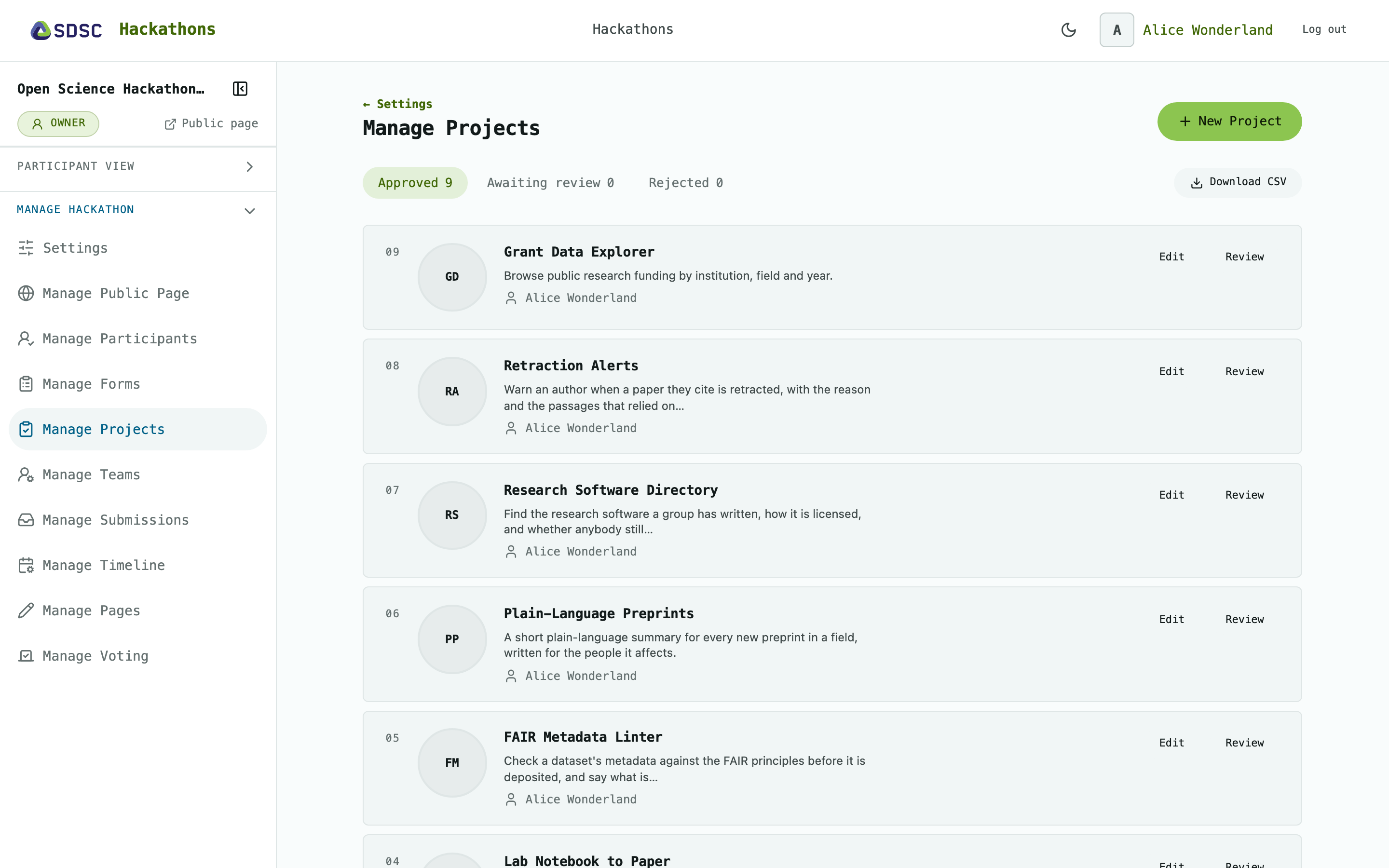 The Manage Projects page of a hackathon, as its owner sees it