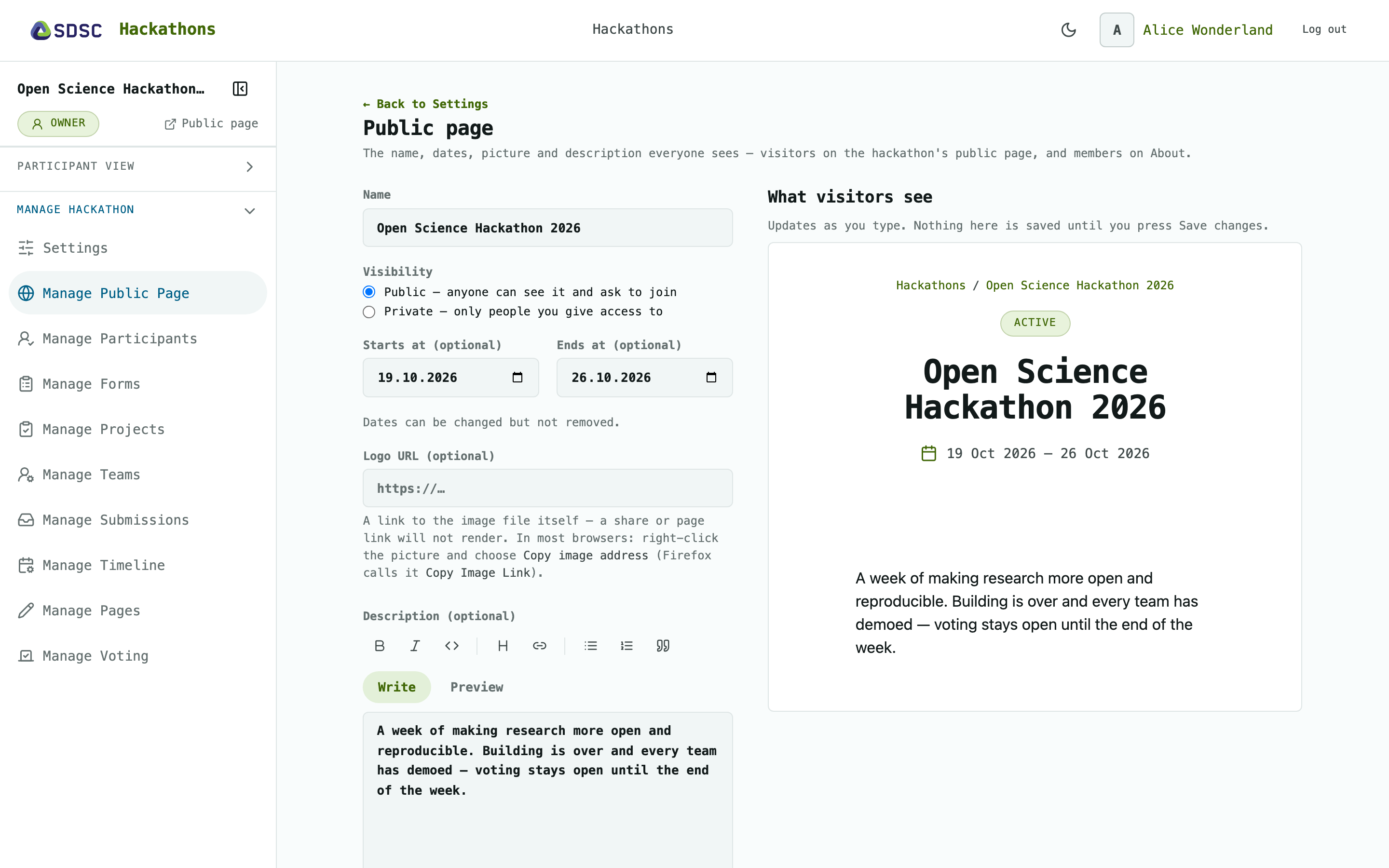 The Manage Public Page page of a hackathon, as its owner sees it
