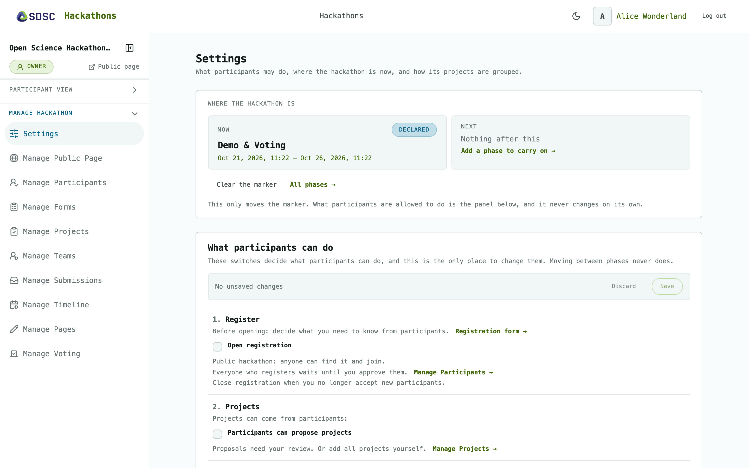 The Settings page of a hackathon, as its owner sees it