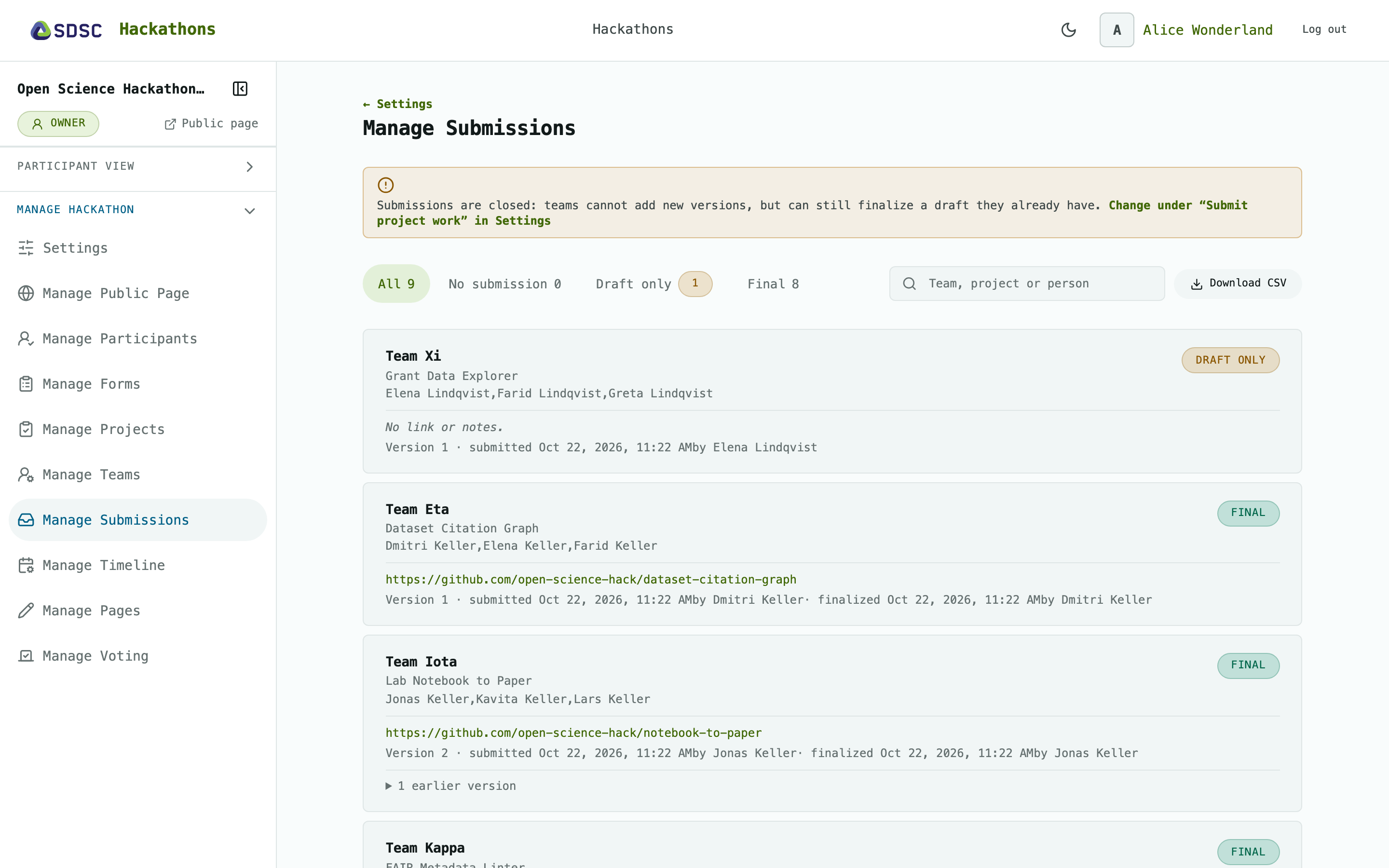 The Manage Submissions page of a hackathon, as its owner sees it