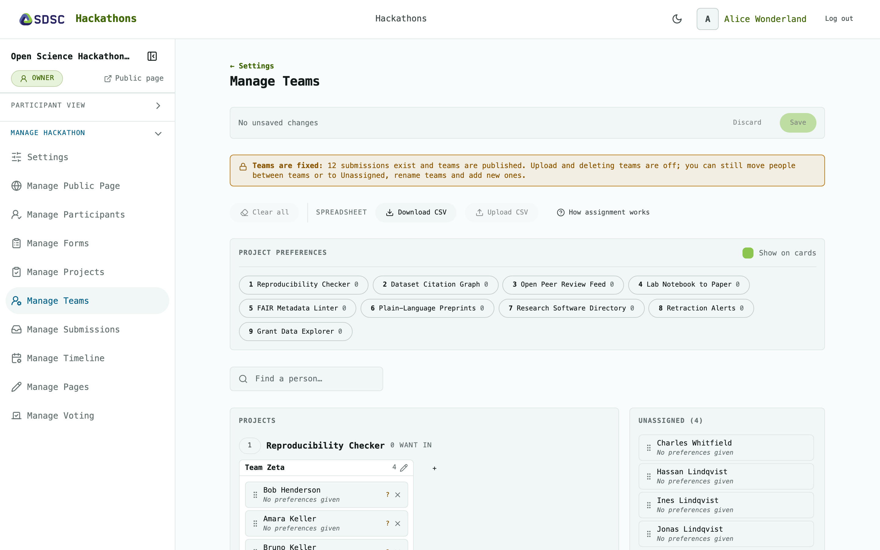 The Manage Teams page of a hackathon, as its owner sees it