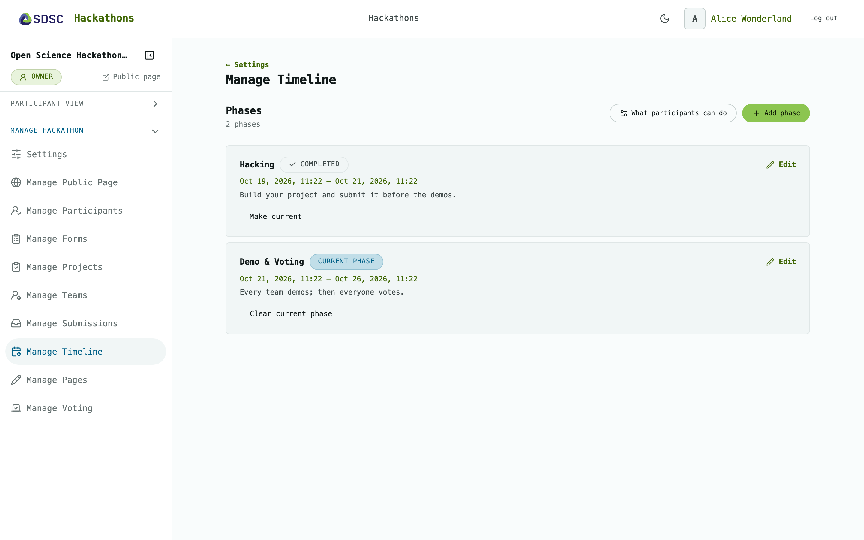 The Manage Timeline page of a hackathon, as its owner sees it
