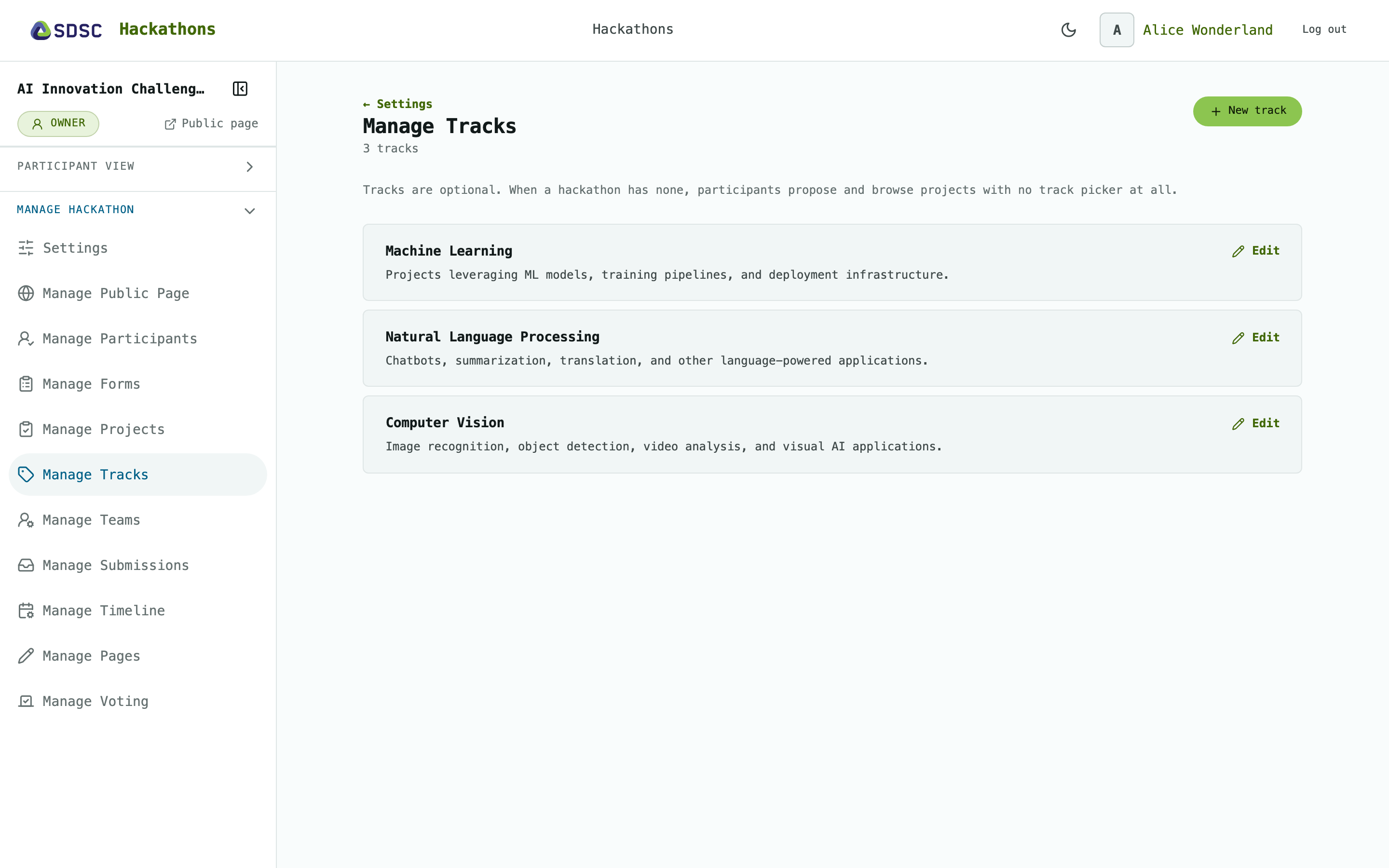 The Manage Tracks page of a hackathon, as its owner sees it