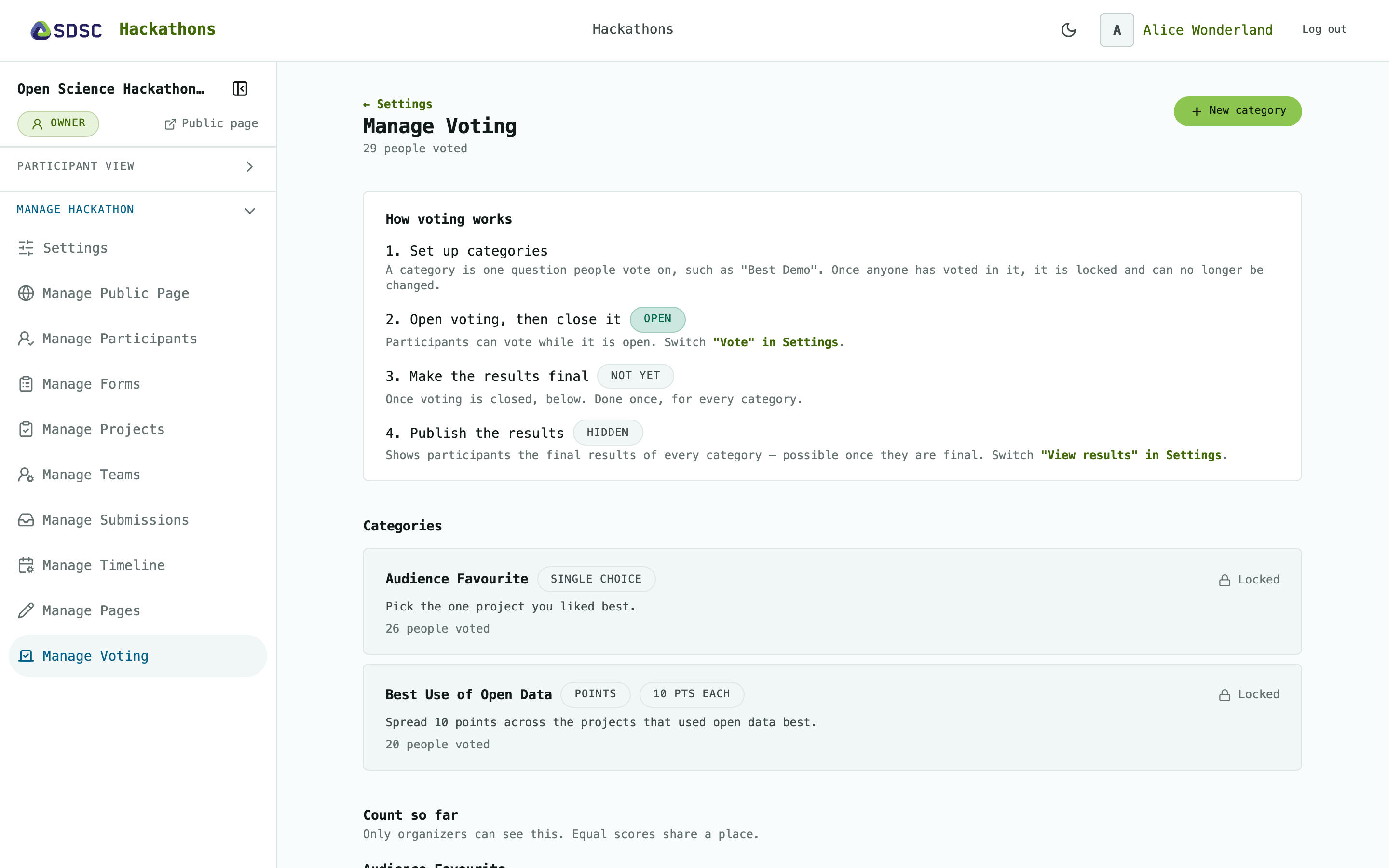 The Manage Voting page of a hackathon, as its owner sees it