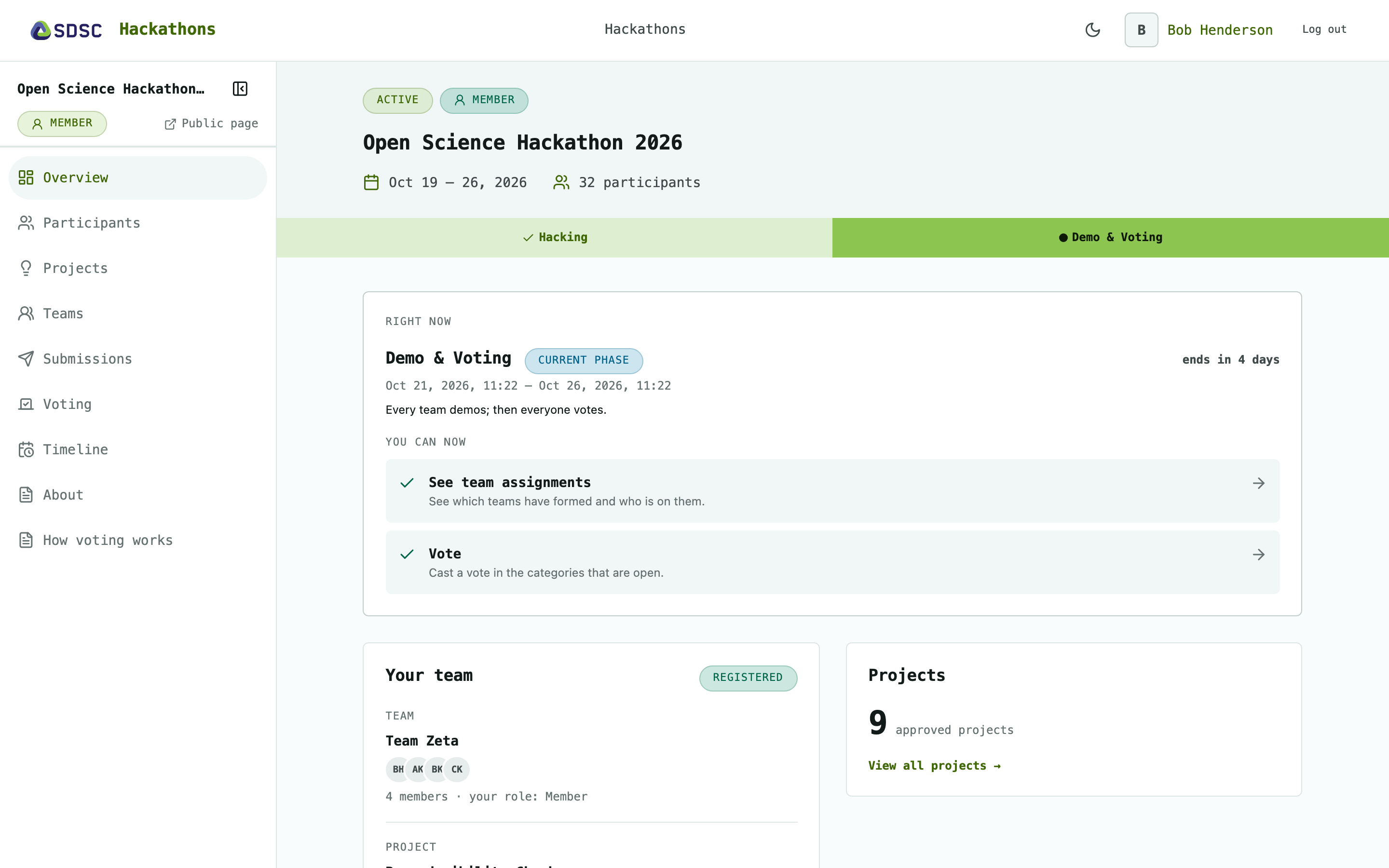 The Overview page of a hackathon, as a participant sees it