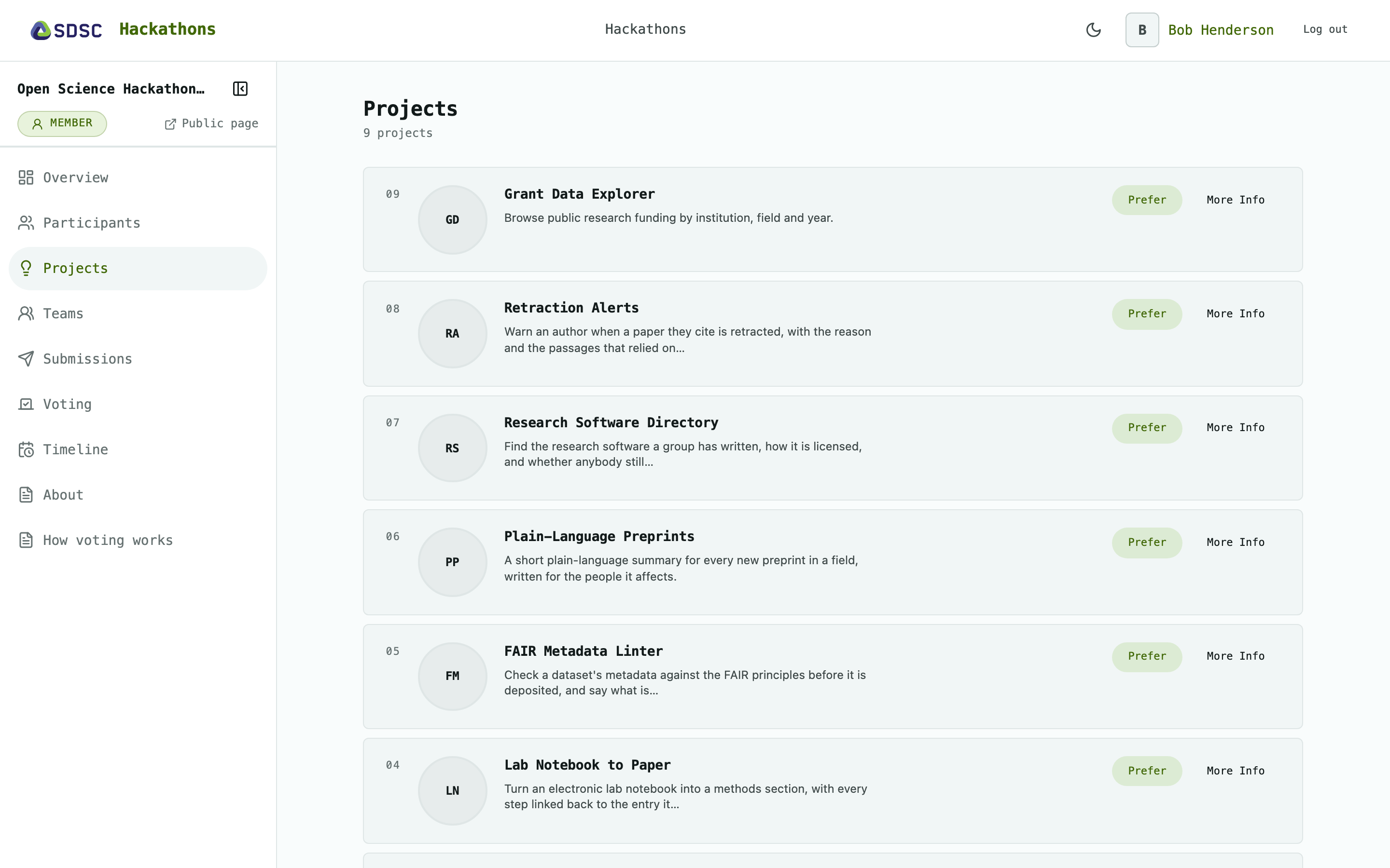 The Projects page of a hackathon, as a participant sees it