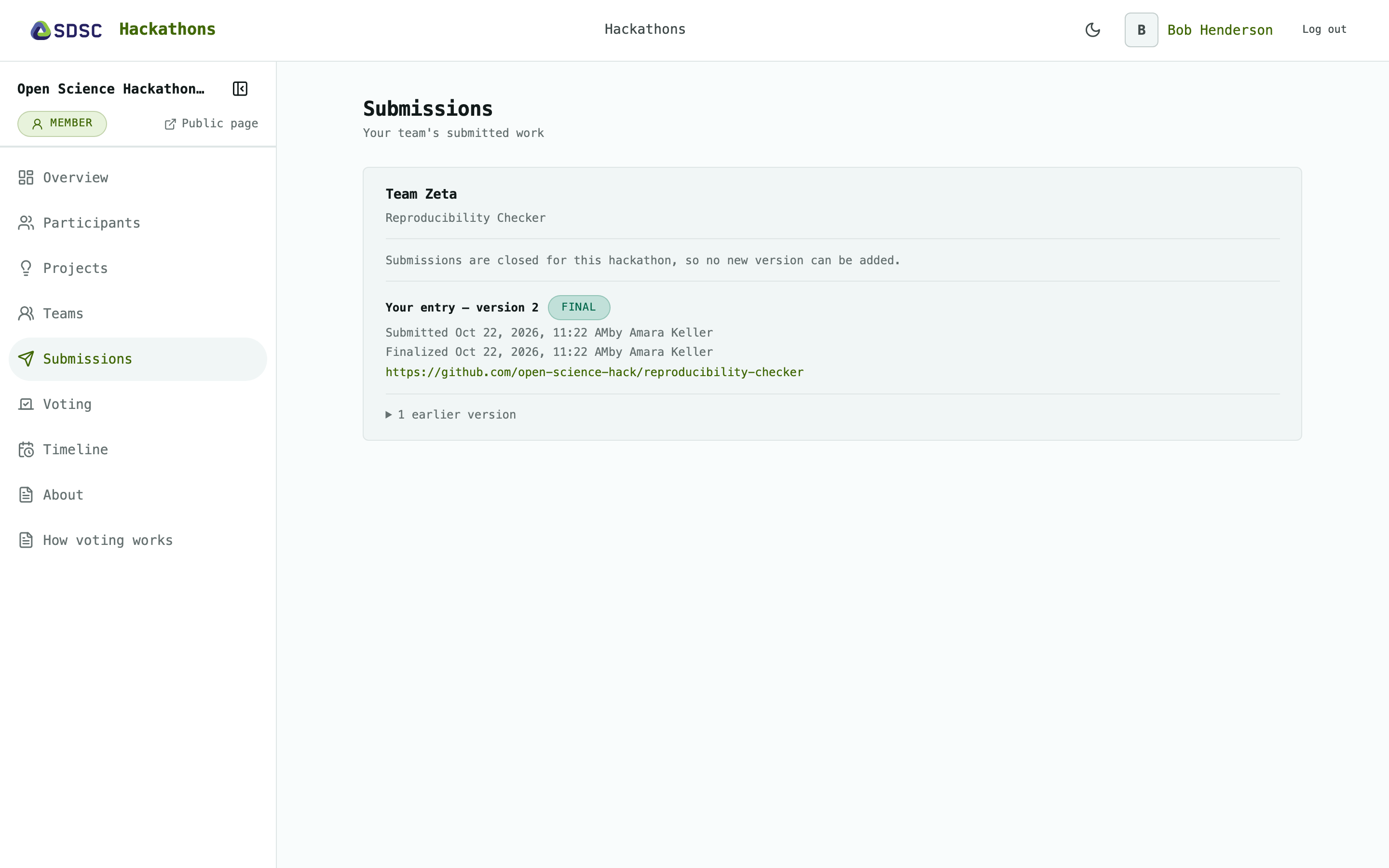 The Submissions page of a hackathon, as a participant sees it