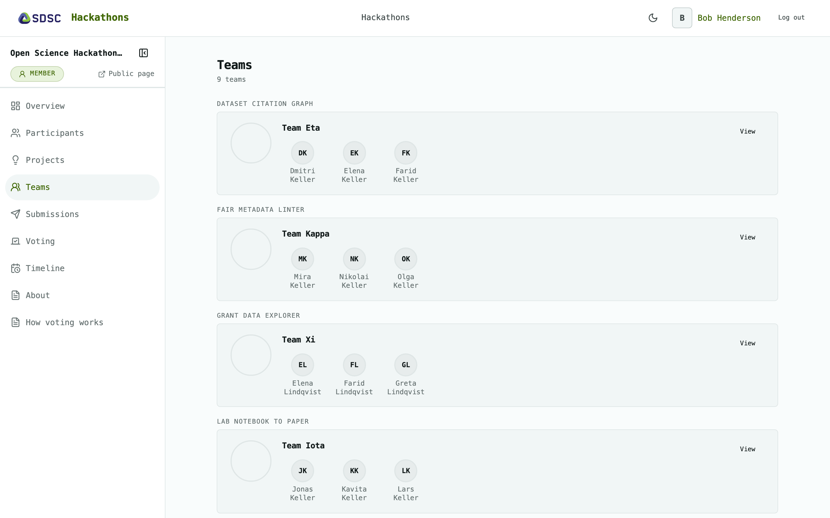 The Teams page of a hackathon, as a participant sees it