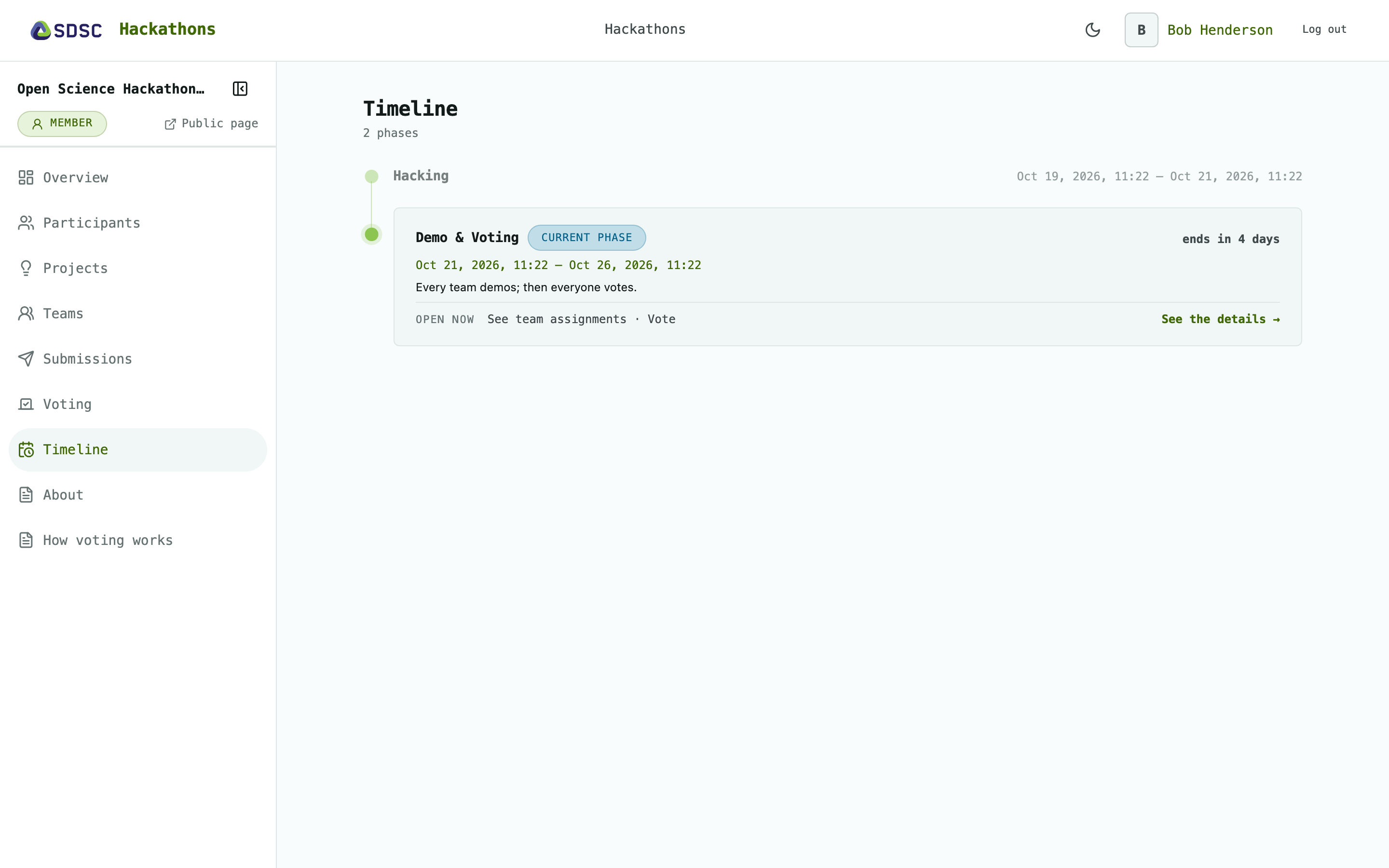 The Timeline page of a hackathon, as a participant sees it