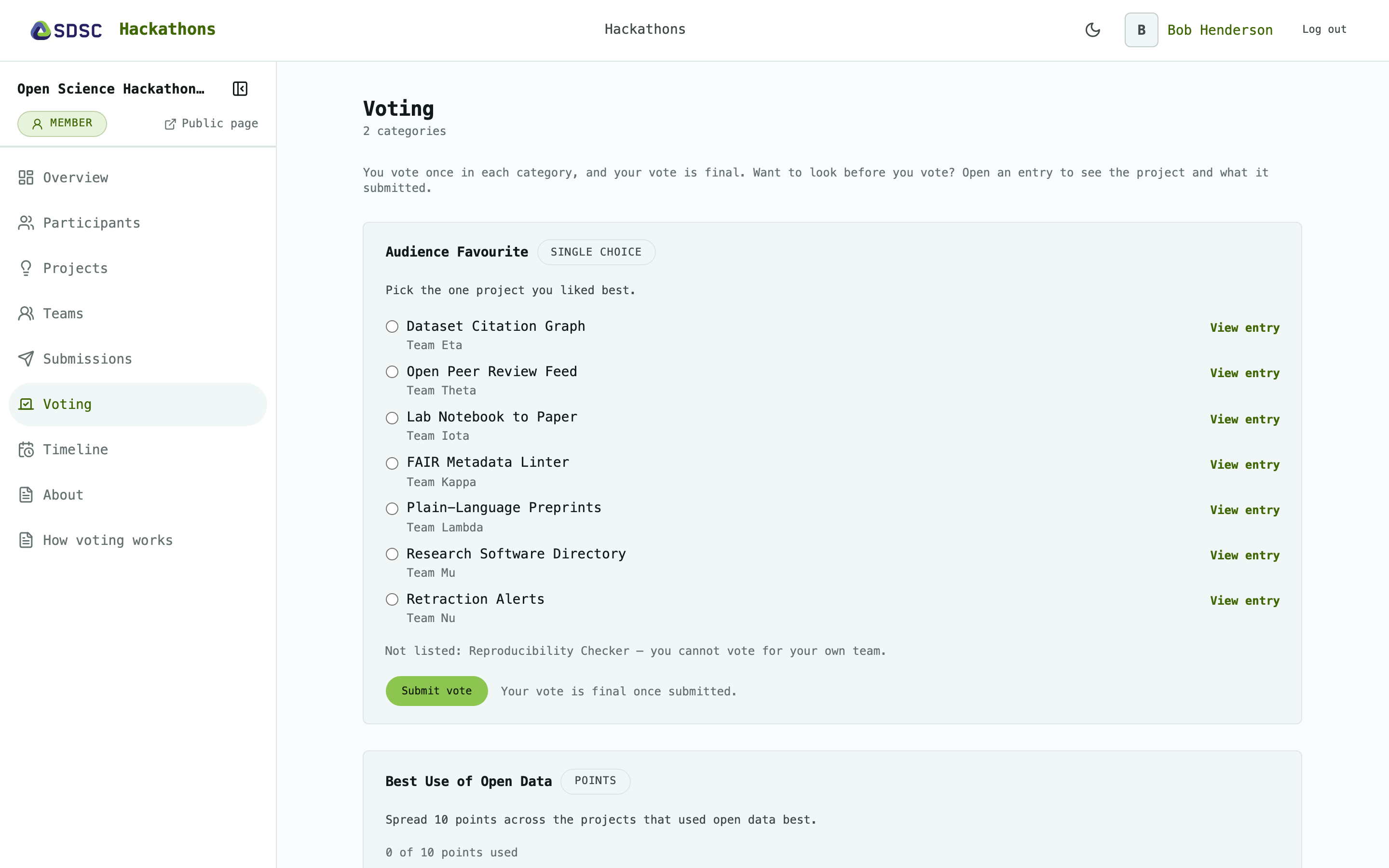 The Voting page of a hackathon, as a participant sees it